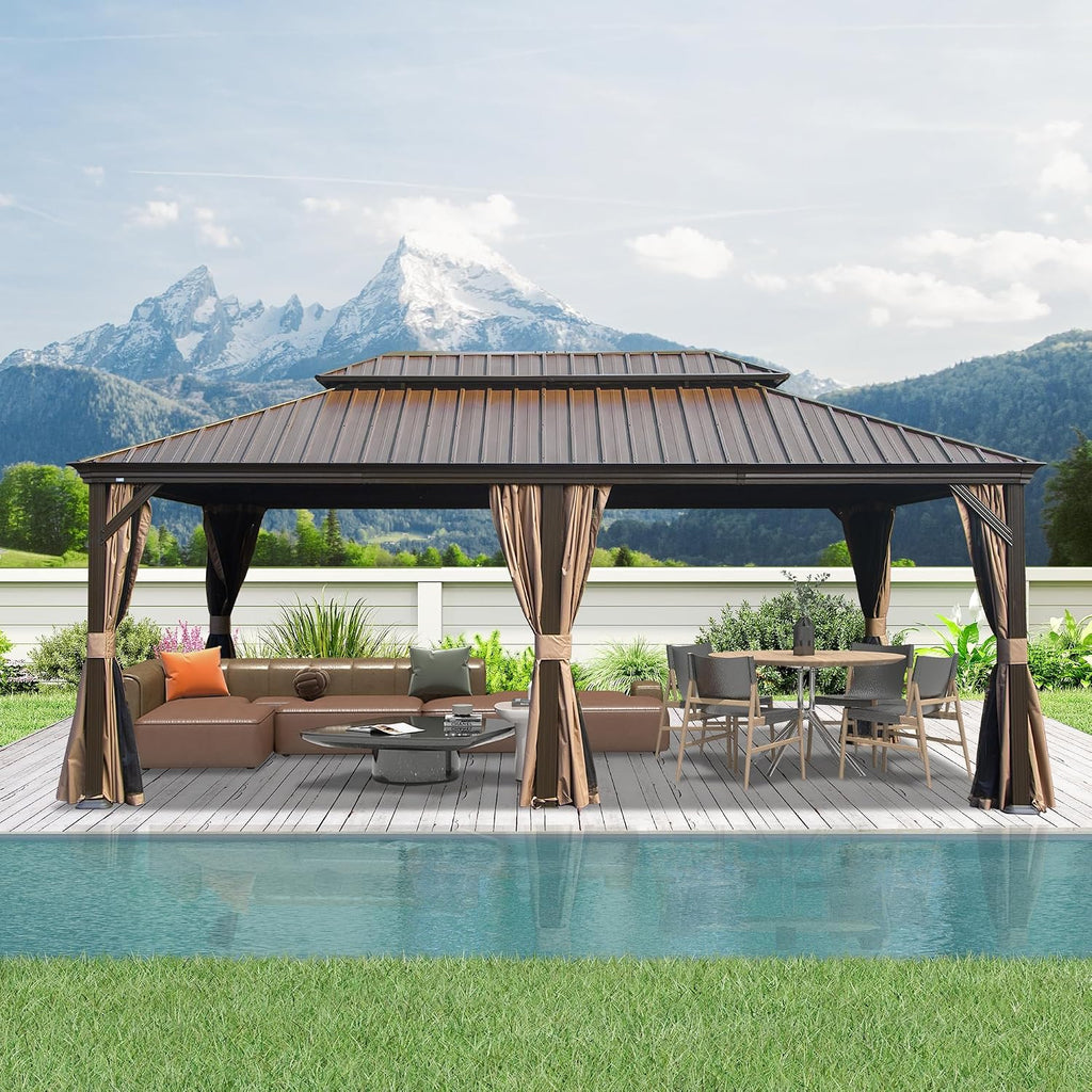 Domi 14' X 20' Hardtop Gazebo, Upgraded Metal Gazebo with Drainage System, Dual-Layer Galvanized Steel Roof, Curtain and Netting, Outdoor Shelter Canopy for Patio, Garden, and Backyard, Brown