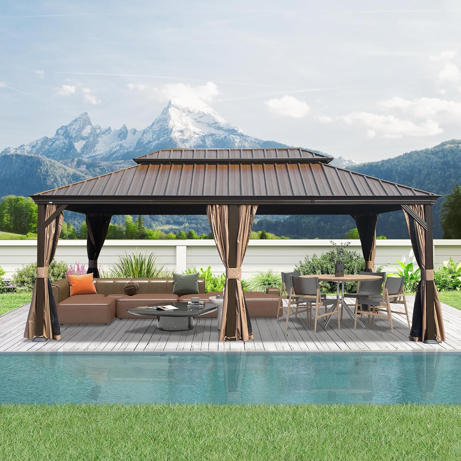 Domi 14' X 20' Hardtop Gazebo, Upgraded Metal Gazebo with Drainage System, Dual-Layer Galvanized Steel Roof, Curtain and Netting, Outdoor Shelter Canopy for Patio, Garden, and Backyard, Brown