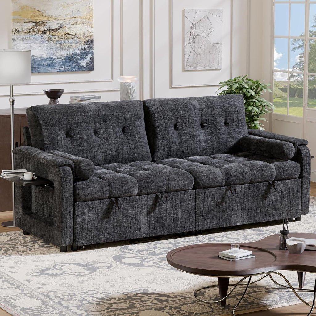 Convertible Sleeper Sofa Bed, 86 Inch Chenille Pull Out Couch with Side Table & Adjustable Backrest, Sectional Sleeper Sofa with Pull Out Bed for Living Room, Apartment, Black