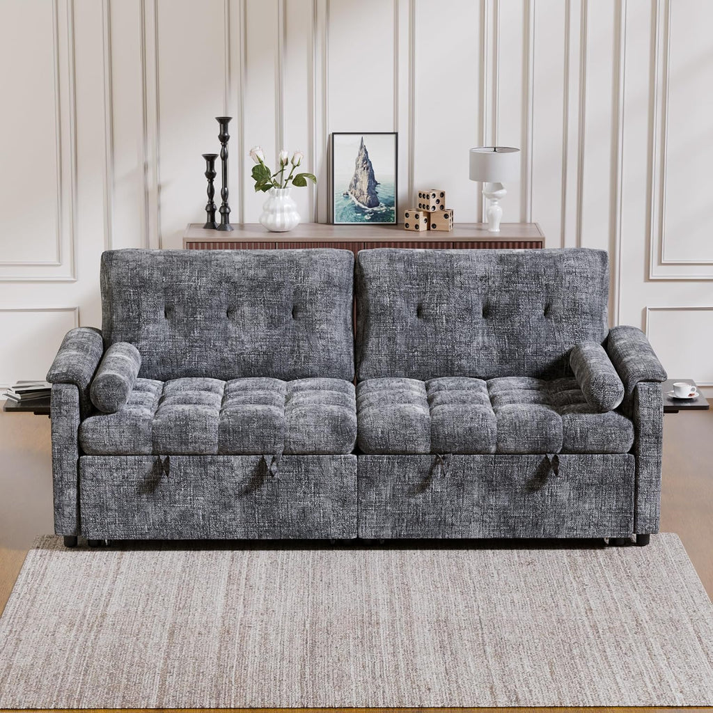 Convertible Sleeper Sofa Bed, 86 Inch Chenille Pull Out Couch with Side Table & Adjustable Backrest, Sectional Sleeper Sofa with Pull Out Bed for Living Room, Apartment, Gray
