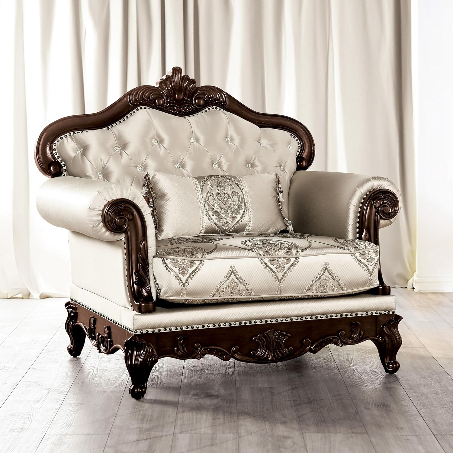 Furniture of America Adelaide Traditional Upholstered Sofa with Rolled Armrests and Button Tufted Back, Wooden Comfortable Couch for Living Room, Office, Bedroom, 1-Seater Chair, Dark Cherry/Beige
