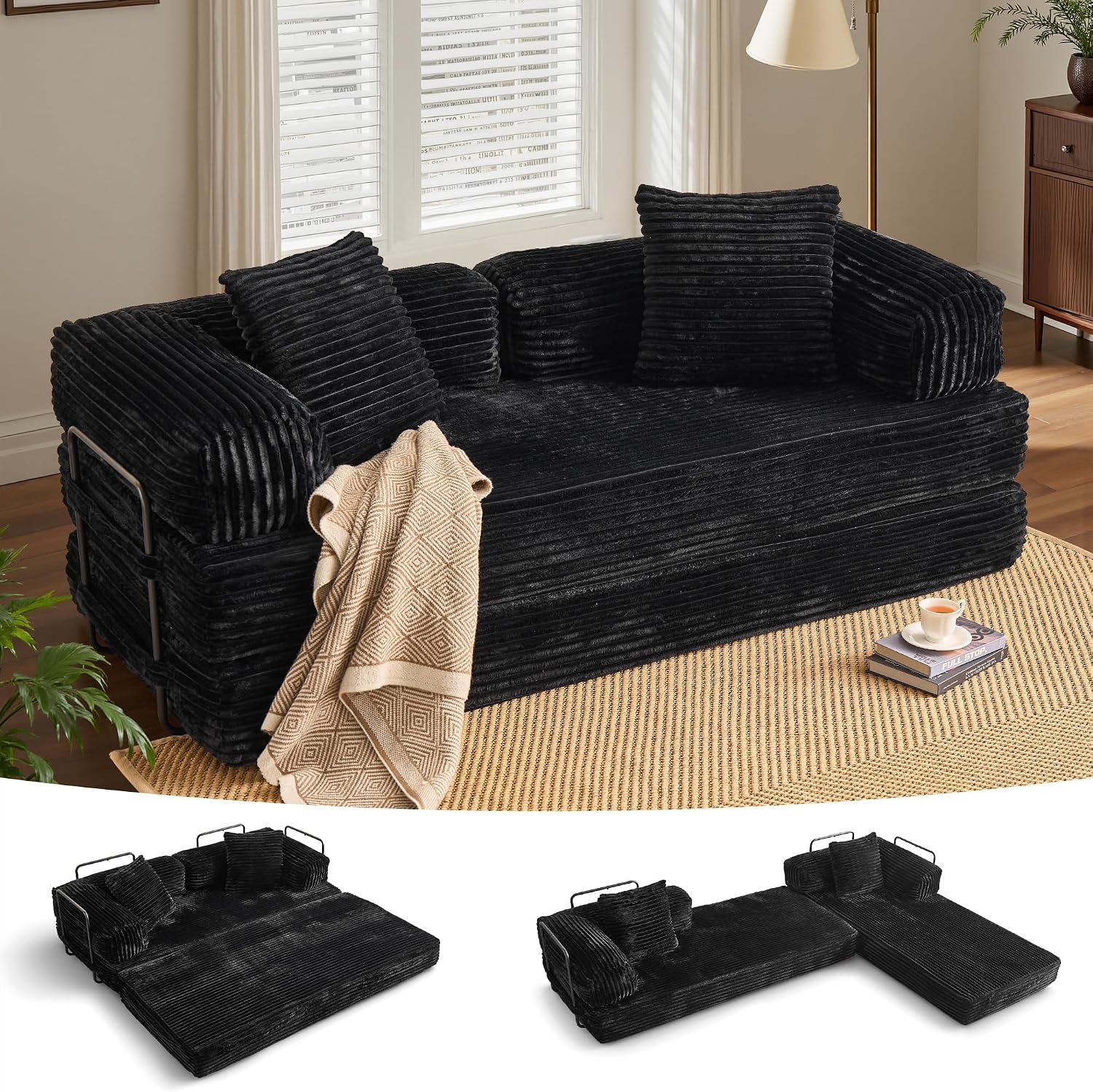 ovios 81' Folding Sofa Bed, Foldable Sleeper Boneless Couch with Pull Out Beds, Modular Convertible Floor Futon Loveseat Lounger for Living Room (Faux Fur, Black)
