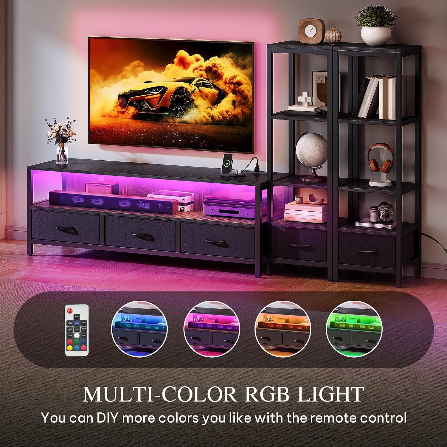 YITAHOME Modern TV Stands for 65 inch TVs, Entertainment Center with Drawers and Bookshelves, LED TV Console Cabinet with Power Outlets for Living Room, Black