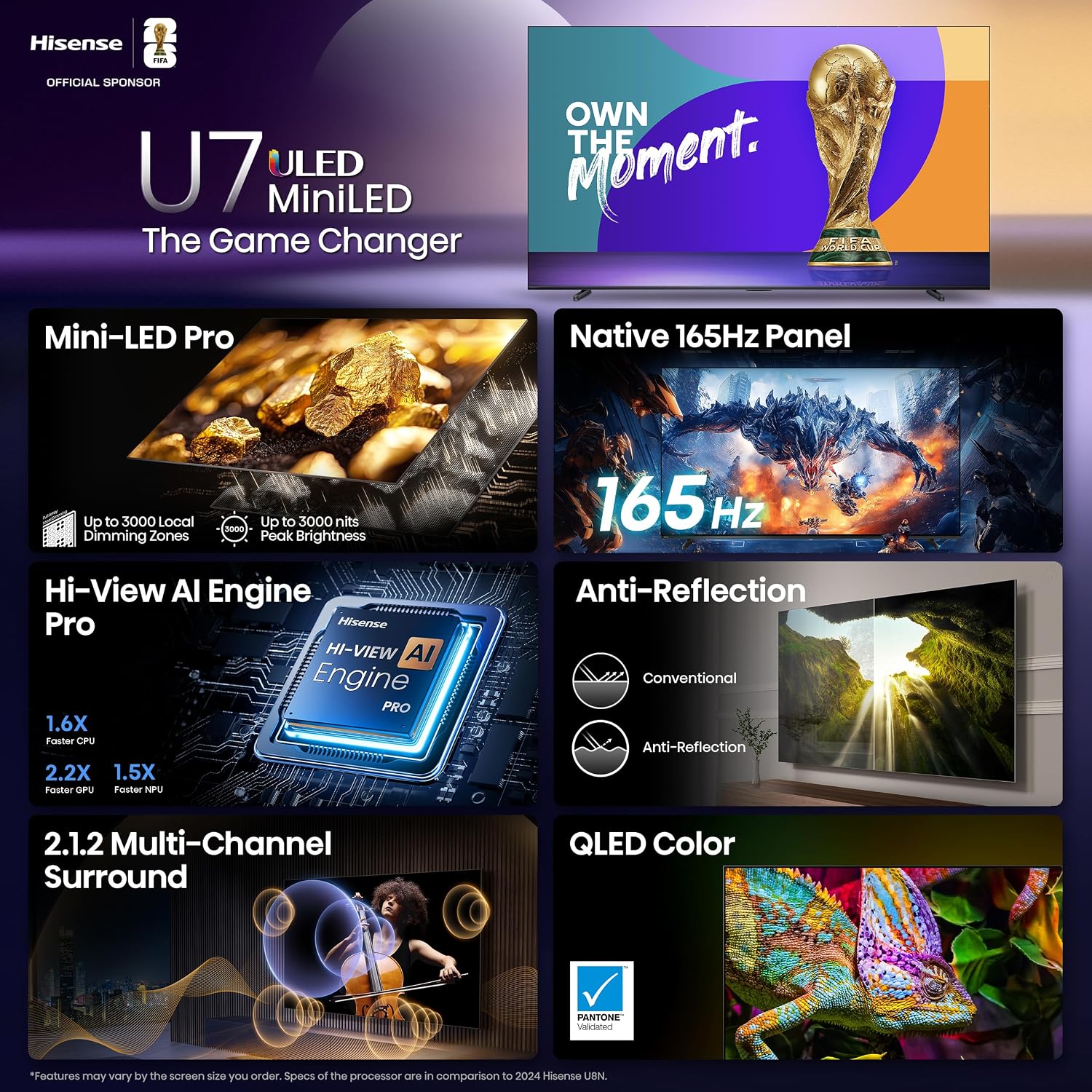 Hisense 100' U7 Mini-LED ULED 4K UHD Best Premium Gaming Google Smart TV (100U75QG) - QLED, Native 165Hz, VRR 288, Up to 3000 Nits, HDR10+, Dolby Vision IQ · Atmos, IMAX Enhanced, 2.1.2 Ch