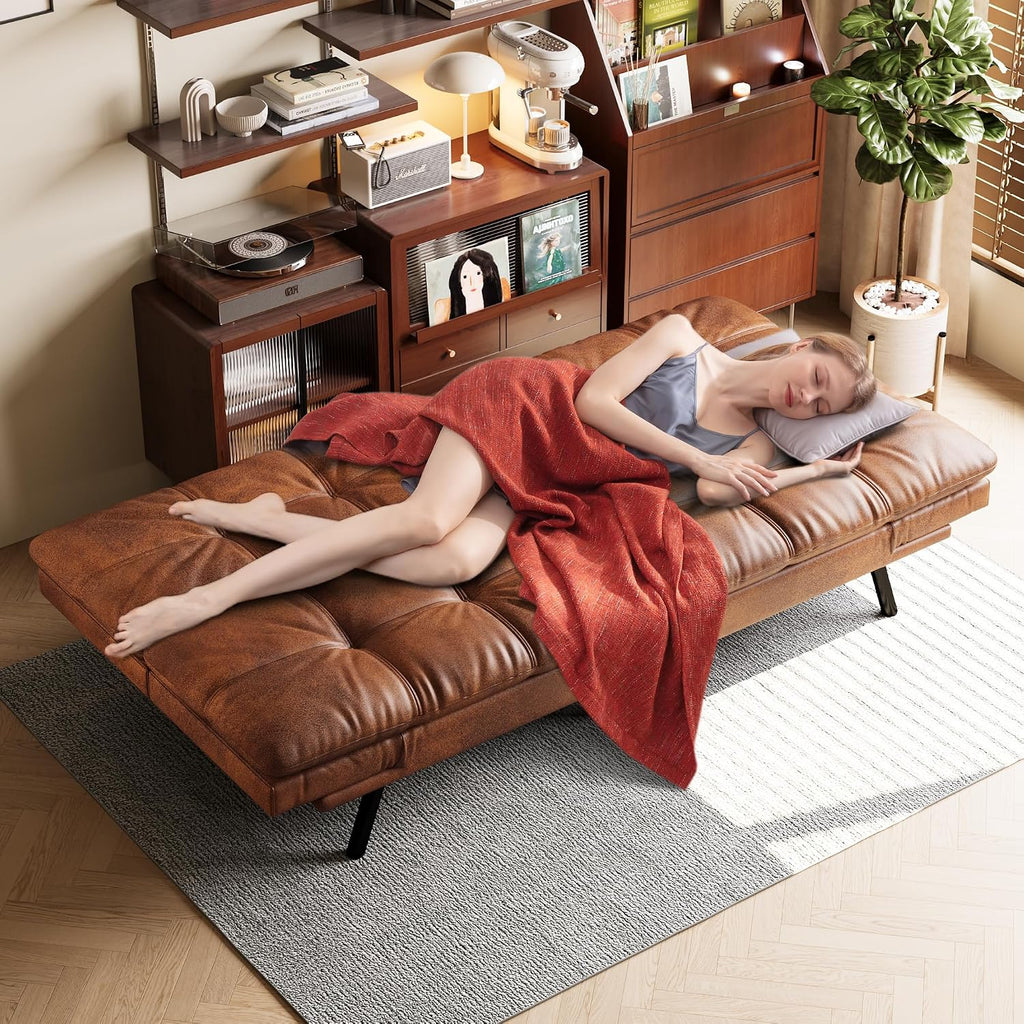 Opoiar 71' L Covertible Futon Sofa Bed,Faux Leather Futon Couch, Memory Foam Modern Loveseat Sleeper, Small Splitback Sofa Couches for Living Room,RV,Home Office,Apartment,Brown