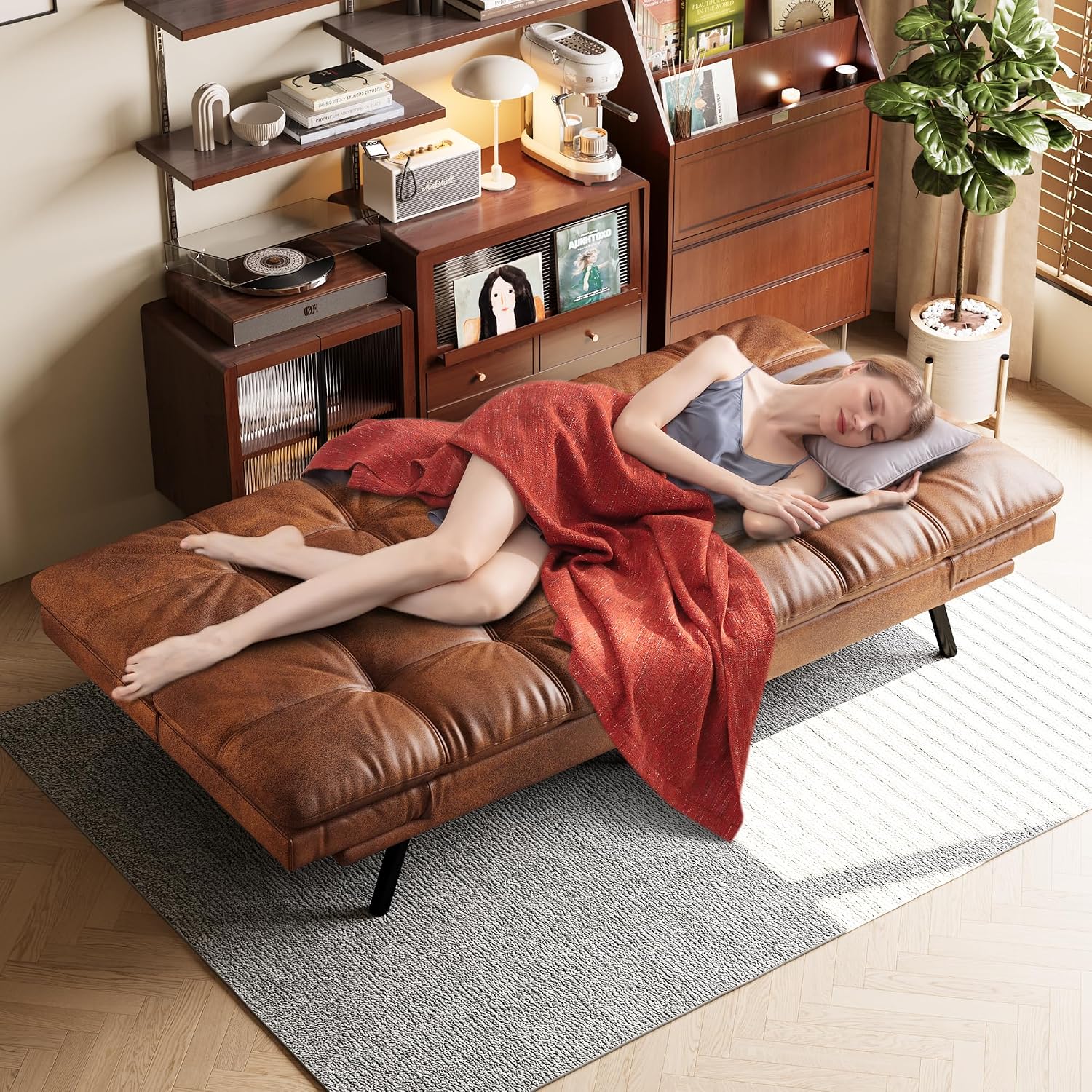 Opoiar 71' L Covertible Futon Sofa Bed,Faux Leather Futon Couch, Memory Foam Modern Loveseat Sleeper, Small Splitback Sofa Couches for Living Room,RV,Home Office,Apartment,Brown