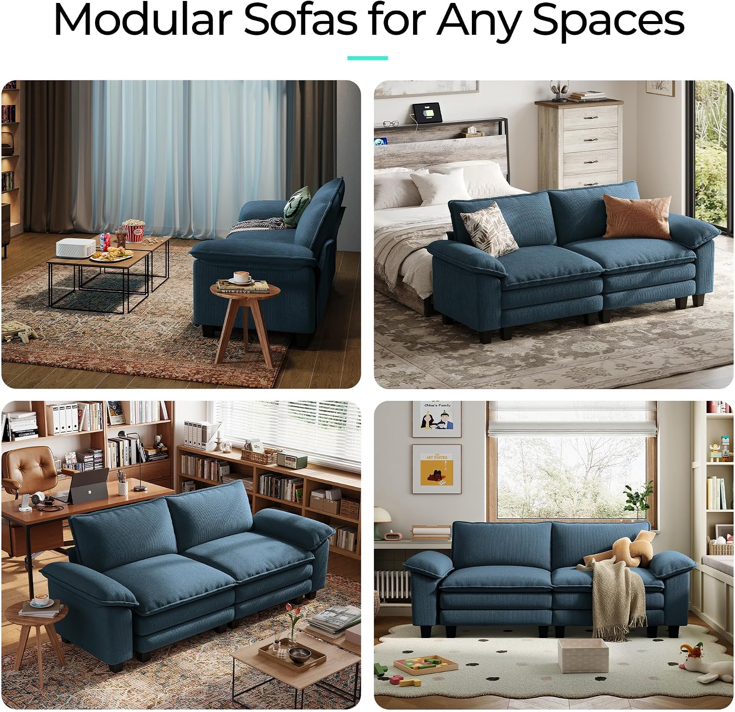 LINSY HOME 90'' Cloud Loveseat Sofa, Modular Sectional Couches Corduroy Cloud Couch Soft Modern Comfy Love Seat Sofa Set for Living Room Apartment Office, Blue