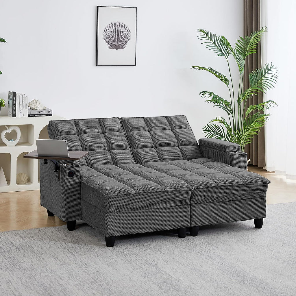 70.9' Chaise Lounge Chair Indoor, Oversized Boucle Upholstered Sofa Bed, Adjustable Backrest Deep Seat Reading Chair, Sofas Couches for Living Room with Storage, Cup Holders and 360° Swivel Side Table