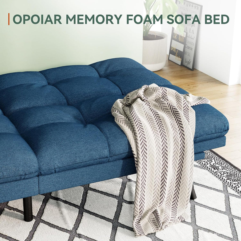 Opoiar Convertible Futon Sofa Bed,71' Memory Foam Futon Couch,Detachable Cushion,Adjustable Backrest & Armrest,Linen Modern Loveseat Sleeper Recliner for Living Room,Office,Apartment,Retro Blue