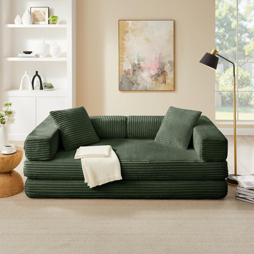 81'' Futon Sofa Bed, Folding Floor Couch Bed, Corduroy Fabric Boneless Couch, Compressed Boneless Sofa in a Box, Comfy Sleeper for Living Room-Green