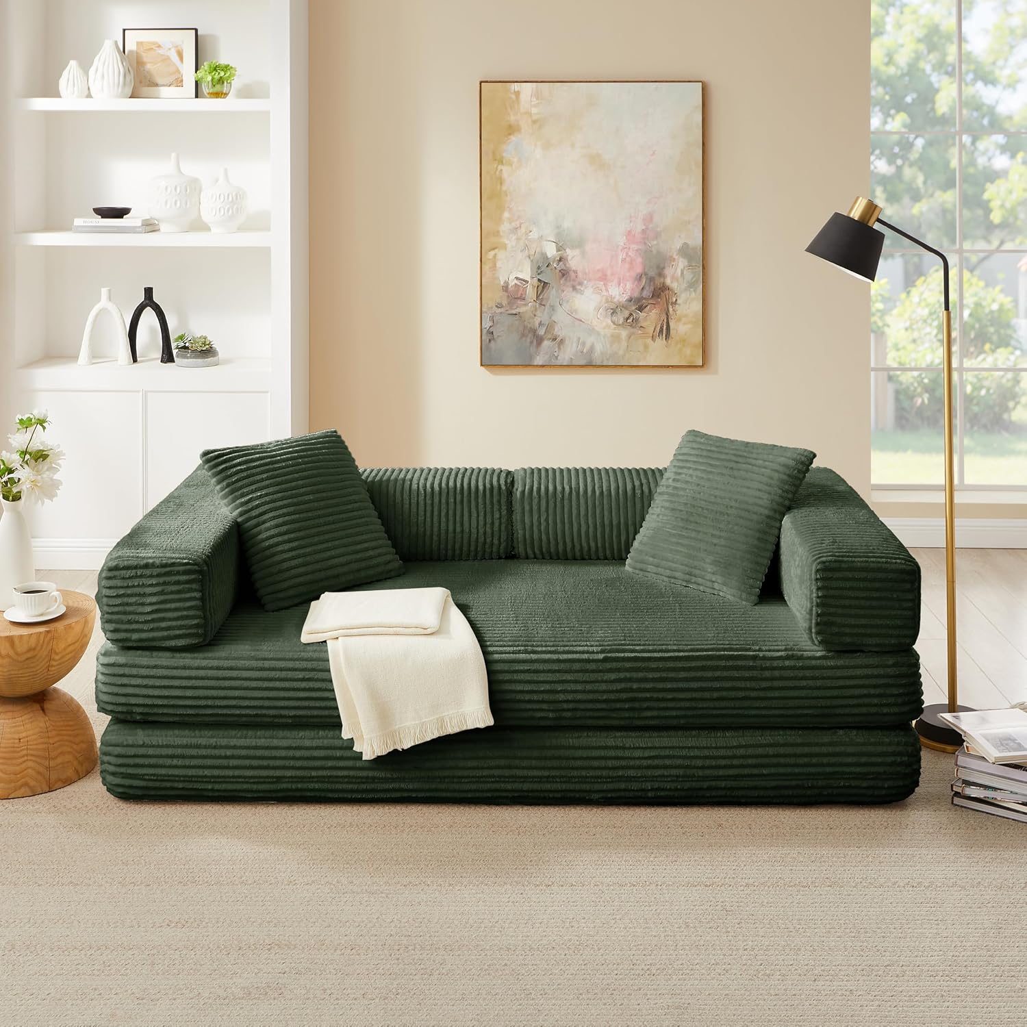 81'' Futon Sofa Bed, Folding Floor Couch Bed, Corduroy Fabric Boneless Couch, Compressed Boneless Sofa in a Box, Comfy Sleeper for Living Room-Green