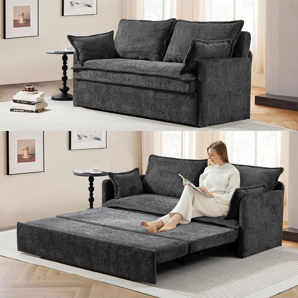 SUNWAVE 60' Queen Pull Out Sofa Bed - Convertible Sleeper Sofa Bed, Corduroy Loveseat Pull Out Couch with USB Charging, Side Pockets for Living Room, Bedroom, Small Spaces(Charcoal, 60')