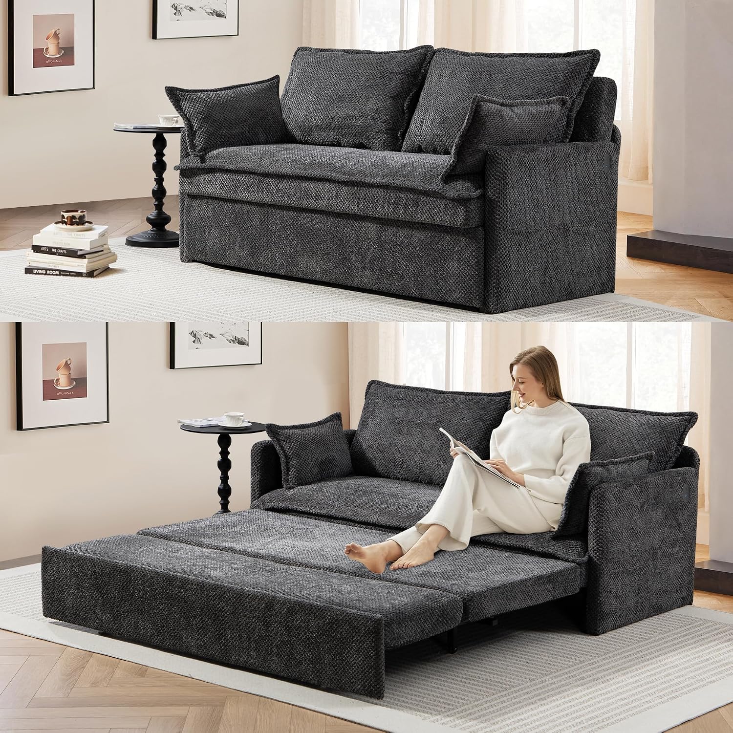 SUNWAVE 60' Queen Pull Out Sofa Bed - Convertible Sleeper Sofa Bed, Corduroy Loveseat Pull Out Couch with USB Charging, Side Pockets for Living Room, Bedroom, Small Spaces(Charcoal, 60')