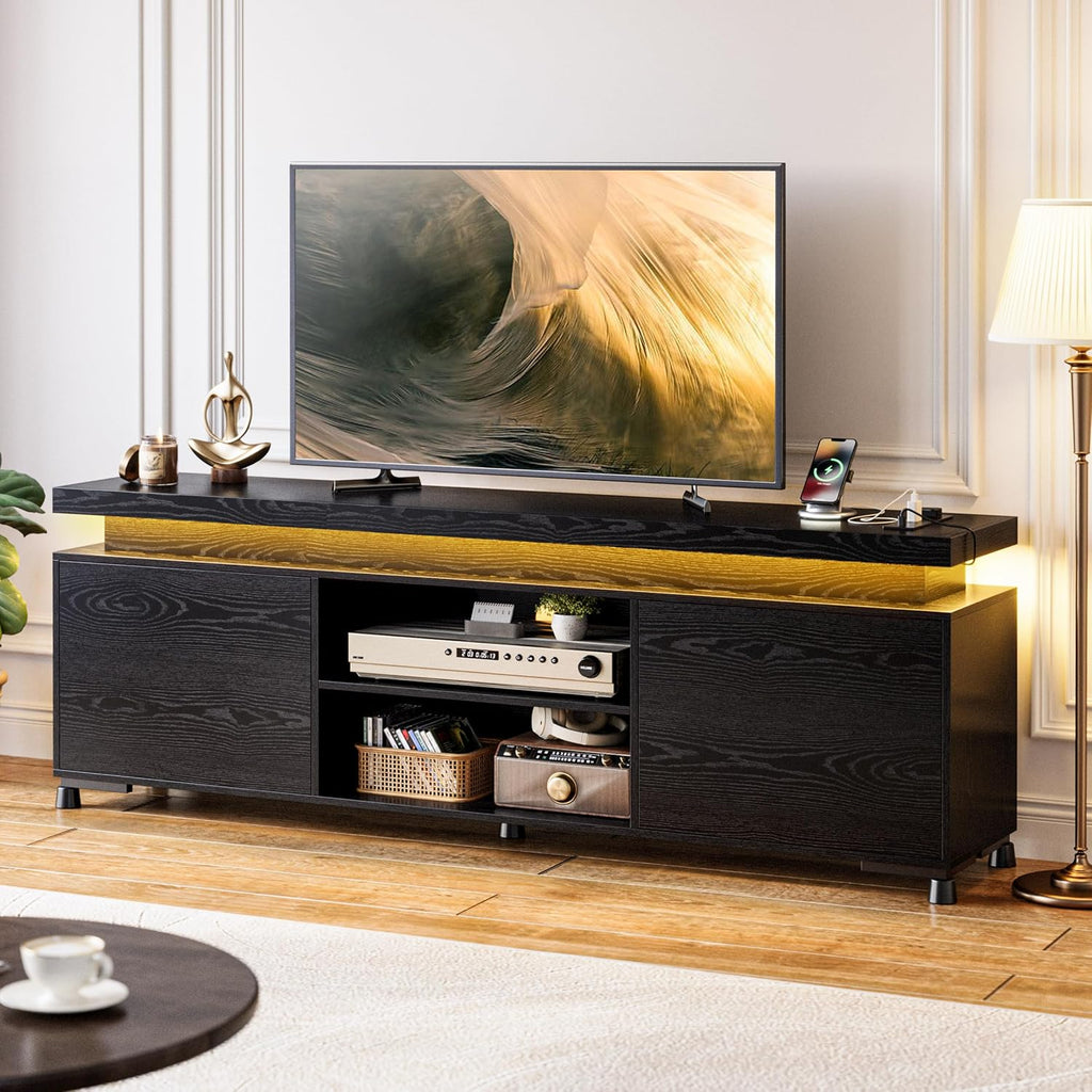 IRONCK TV Stand for TVs 85 inch, Entertainment Center with LED Lights and Power Outlet, TV Console Table with Cabinets and Open Storage Shelves, Black TV Stands for Living Room