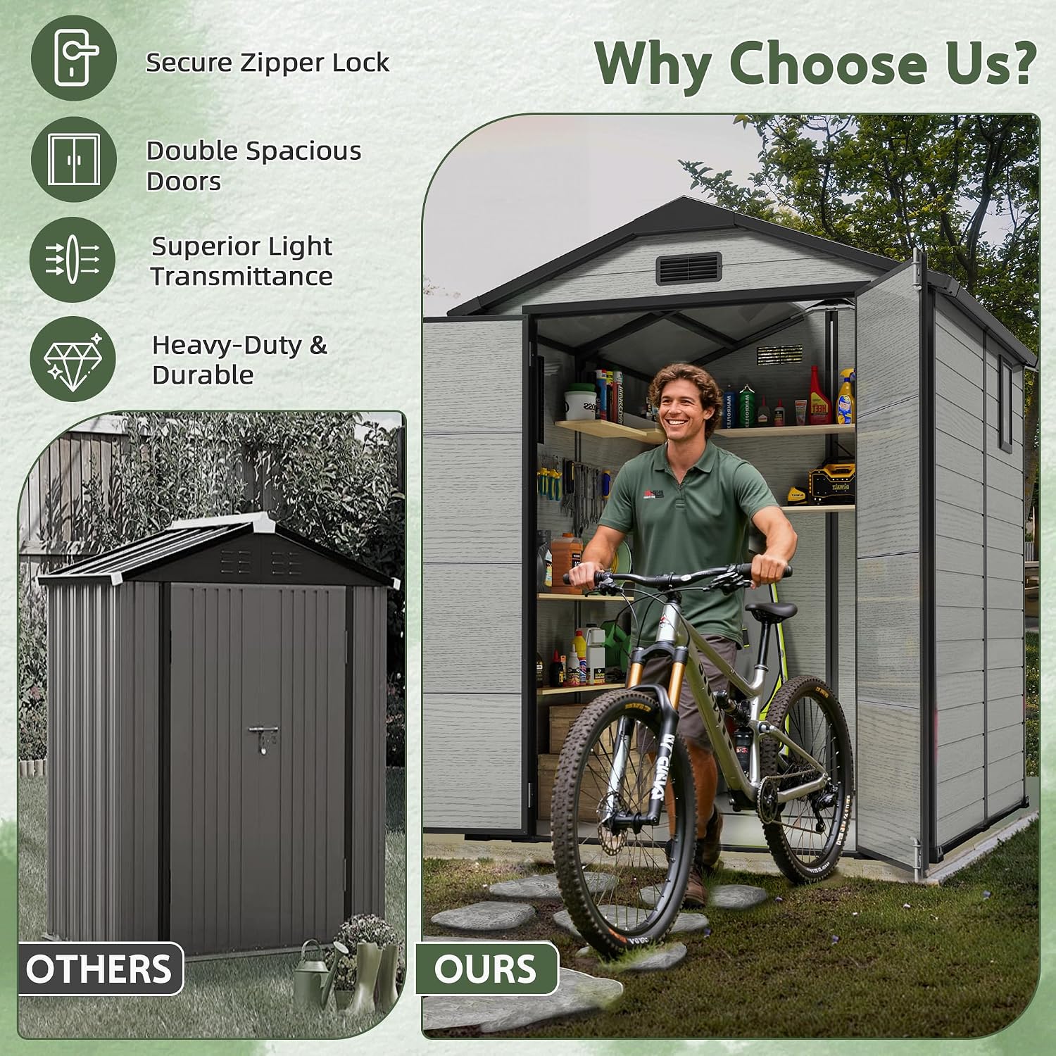 6X6 FT Plastic Outdoor Storage Shed, Double Door Tool Shed with Vent, Lockable Door with Key, Storing Patio Furniture, Gardening Tools, and Bicycle Accessories