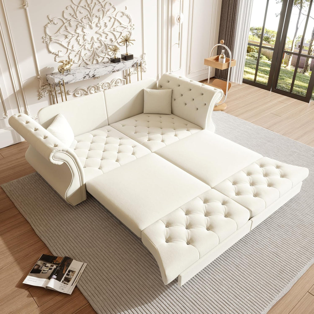 83.8'' Sleeper Sofa Bed Queen Size, Velvet Chesterfield Pull Out Couch, Flower Tufting Convertible Sofa, Comfy Loveseat, Modern Futon Couches, 2 Pillows for Living Room, Apartment, Beige