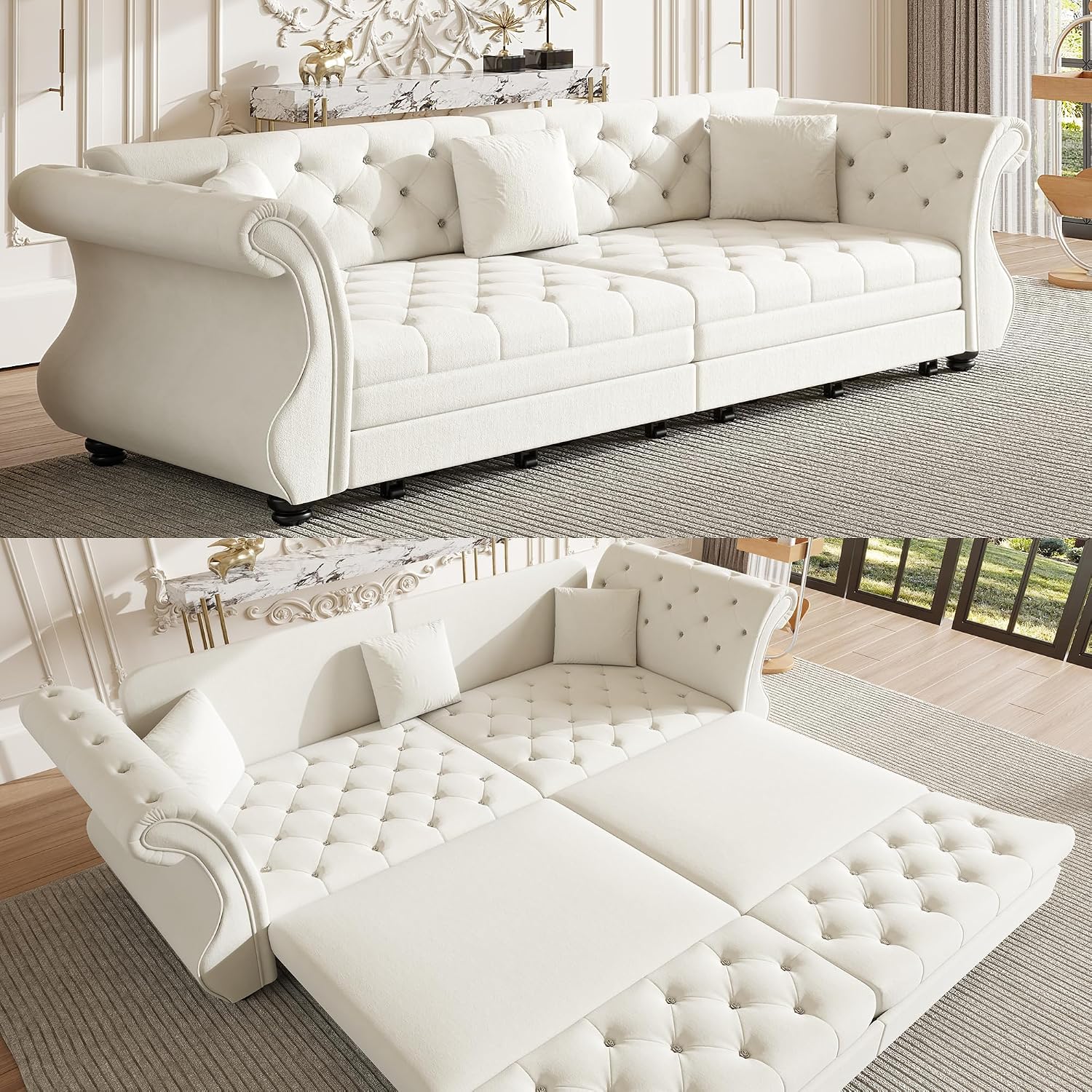 97.6'' Sleeper Sofa Bed King Size, Flower Tufted Pull Out Couch, Velvet Chesterfield Futon Couches, Modern 4 Seater Convertible Sofa, 3 Pillows for Living Room, Apartment, Offices, Beige
