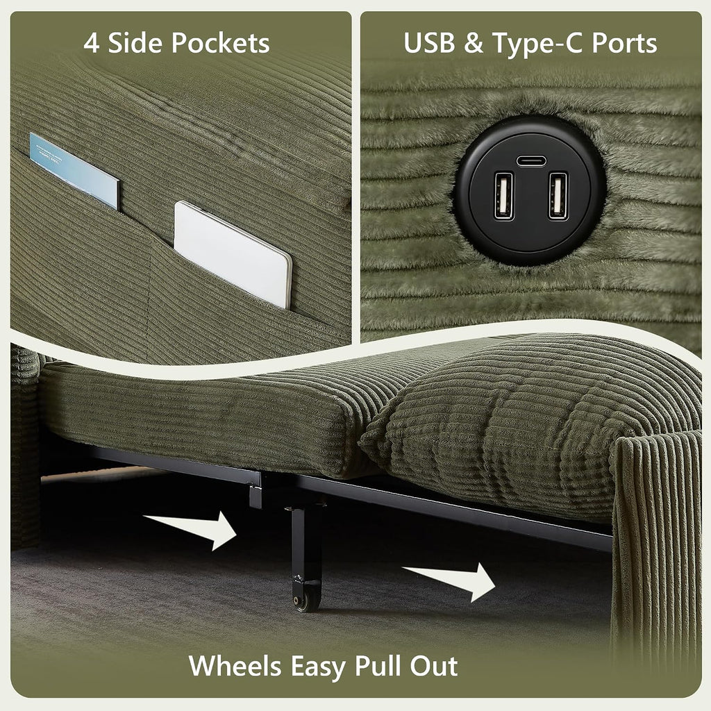 CAPCAEK Queen Size Pull Out Couch, Sleeper Sofa Bed Queen with USB, Storage Pockets & Pillows, 3-in-1 Modern Convertible Loveseat Couch Bed for Living Room Bedroom, Office, Apartment, Corduroy(Green)