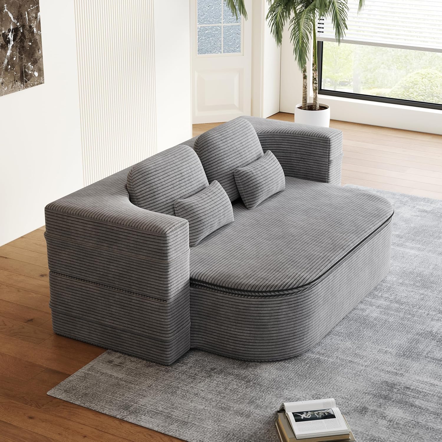 Convertible Folding Futon Sofa Bed, 2-in-1 Corduroy Love seat Sleeper Sofa with Functional Blanket, Foldable Full Size Guest Couch Bed with 4 Soft Pillows for Living Room (Grey)