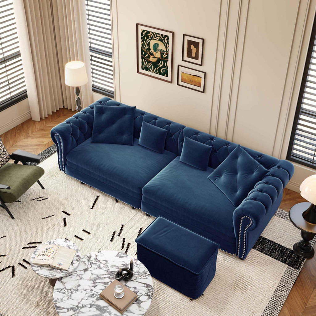 89' King Pull Out Sofa Bed, Velvet Chesterfield Sleeper Sofa Couch, 3 in 1 Convertible Tufted Futon Couches with Ottoman for Living Room, Small Space, Apartment, Office, Bedroom, Blue