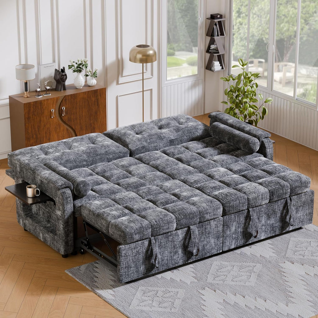 Convertible Sleeper Sofa Bed, 86 Inch Chenille Pull Out Couch with Side Table & Adjustable Backrest, Sectional Sleeper Sofa with Pull Out Bed for Living Room, Apartment, Gray