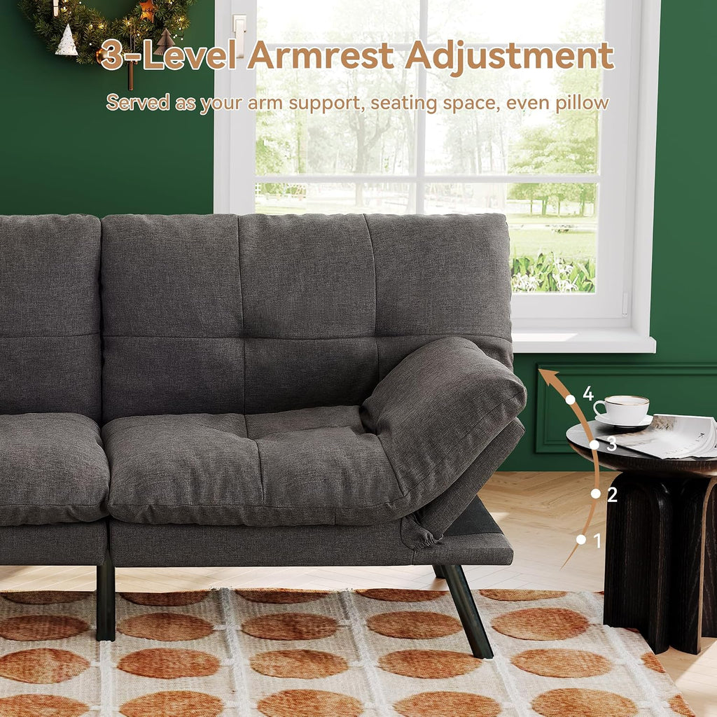 Convertible Futon Sofa Bed,71' Modern Fabric Futon Couch with Adjustable Backrest&Armrest,Small Loveseat Sleeper Sofa,Dorm Futonsofa for Apartment,Living Room,Detachable Cushions,Flint Grey