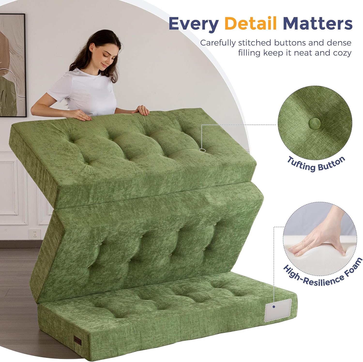 MAXYOYO 6' Folding Sofa Bed for Floor, Tufted Tri-Fold Floor Mattress with Chenille Fabric, Twin Size Portable Sofa Couch Guest Mat for Adults, Foldable Topper for Camping, Green, 35.4'x75'