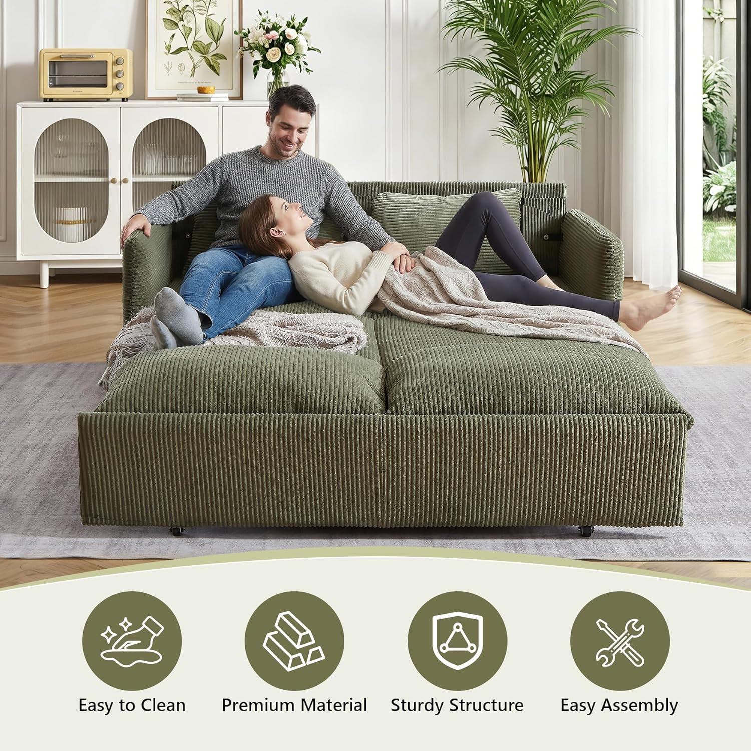 CAPCAEK Queen Size Pull Out Couch, Sleeper Sofa Bed Queen with USB, Storage Pockets & Pillows, 3-in-1 Modern Convertible Loveseat Couch Bed for Living Room Bedroom, Office, Apartment, Corduroy(Green)