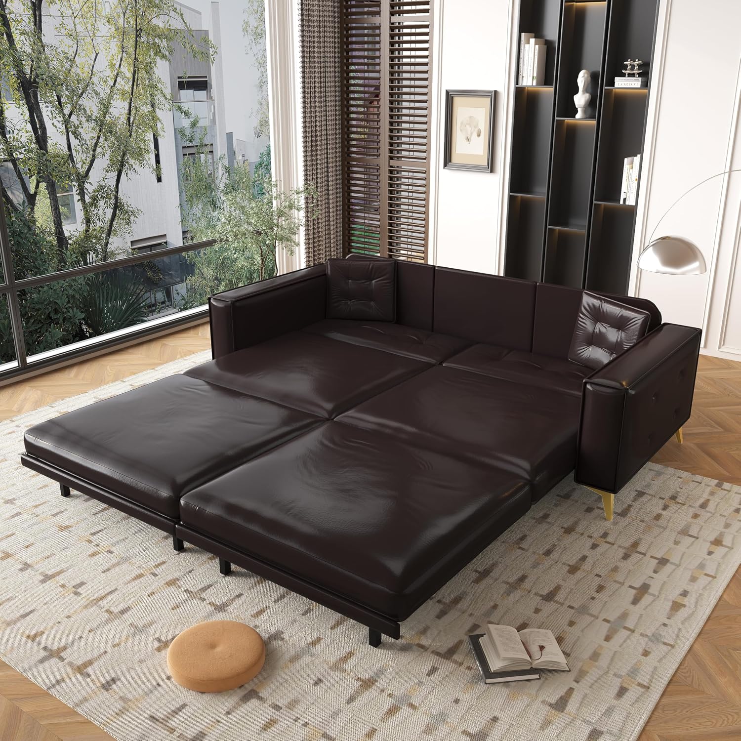92.1'' Pull Out Sofa Bed King, Faux Leather Futon Couch, 3-in-1 Convertible Sleeper Sofa with Tufted Back, Gold Furniture Legs, Deep Loveseat for Living Room, Apartment, Office, Dark Brown