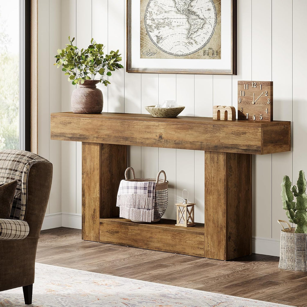 Tribesigns 63' Console Table, Farmhouse 2-Tier Entryway Table with U-Shaped Base, Narrow Long Wood Sofa Table Behind Couch Table for Living Room, Hallway, Foyer, Vintage Brown