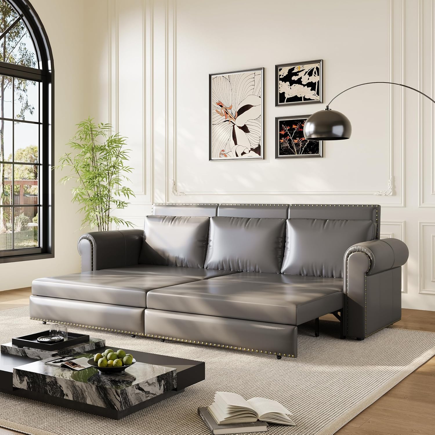93.7' King Pull Out Sofa Bed, Faux Leather Sleeper Sofa Couch, 3 in 1 Convertible Futon Couches for Living Room, Small Space, Apartment, Office, Bedroom, Modern Rivet Armrest, Grey