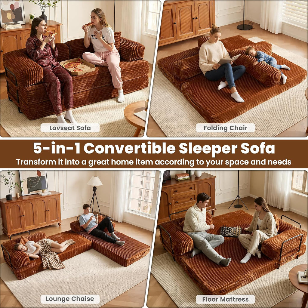 ovios 81' Folding Sofa Bed, Foldable Sleeper Boneless Couch with Pull Out Beds, Modular Convertible Floor Futon Loveseat Lounger for Living Room (Faux Fur, Brown)