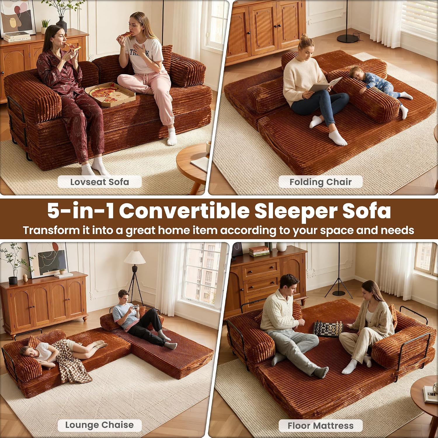 ovios 81' Folding Sofa Bed, Foldable Sleeper Boneless Couch with Pull Out Beds, Modular Convertible Floor Futon Loveseat Lounger for Living Room (Faux Fur, Brown)