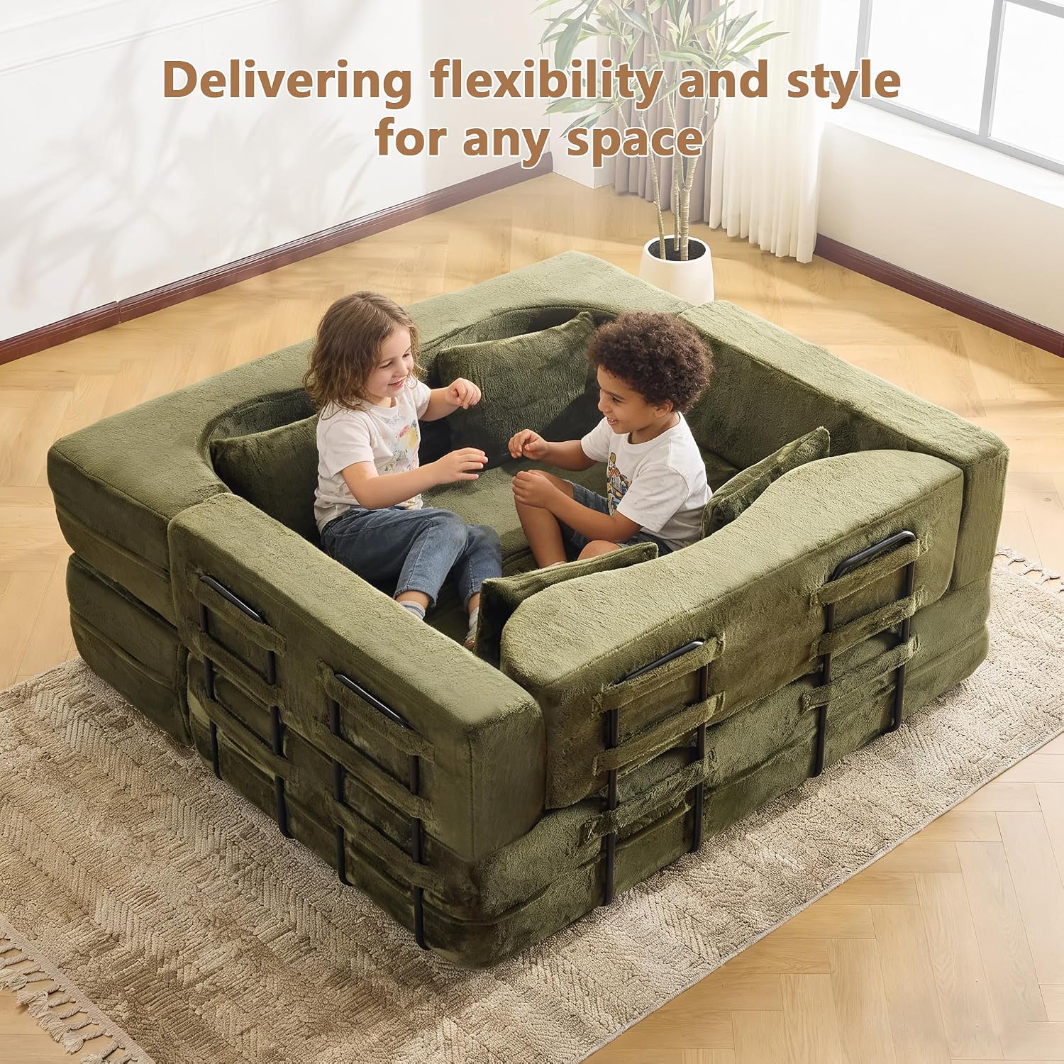 2-in-1 4 Seat Folding Sofa Bed with Pillow, No Assembly Futon Twin Size Sofa Bed, Breathable Velvet Convertible Couch Bed for Living Room and Guest Room, 71.65 Inch, Pink