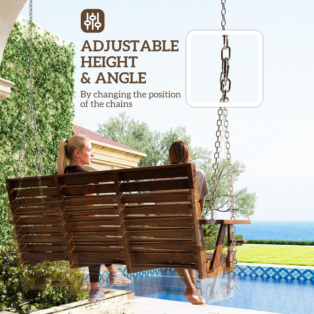 Outsunny Upgraded Wooden Porch Swing 3-Seater, 5 FT Outdoor Patio Swing Bench with Cupholders, Hanging Chains, Swing Chair Bench for Patio Garden Yard, Carbonized