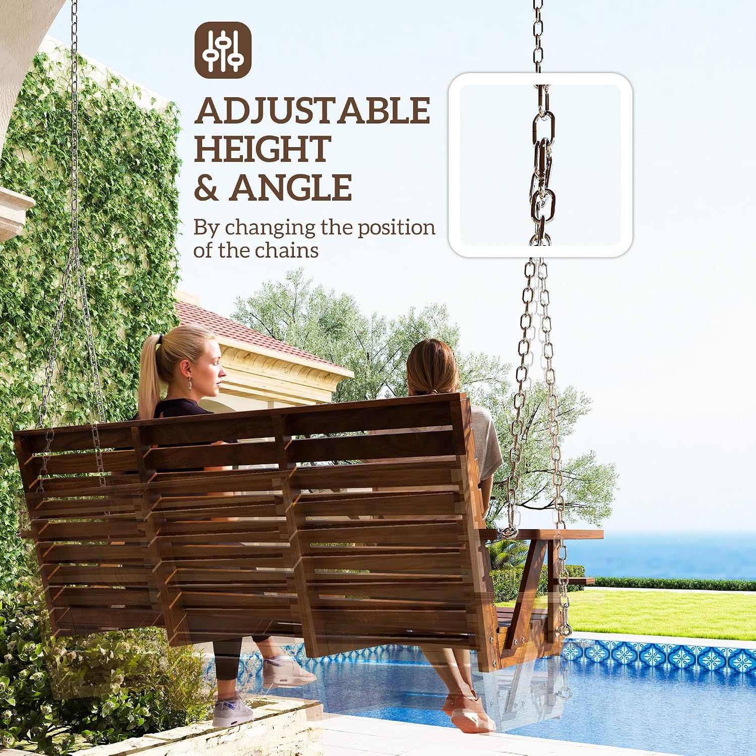 Outsunny Upgraded Wooden Porch Swing 3-Seater, 5 FT Outdoor Patio Swing Bench with Cupholders, Hanging Chains, Swing Chair Bench for Patio Garden Yard, Carbonized