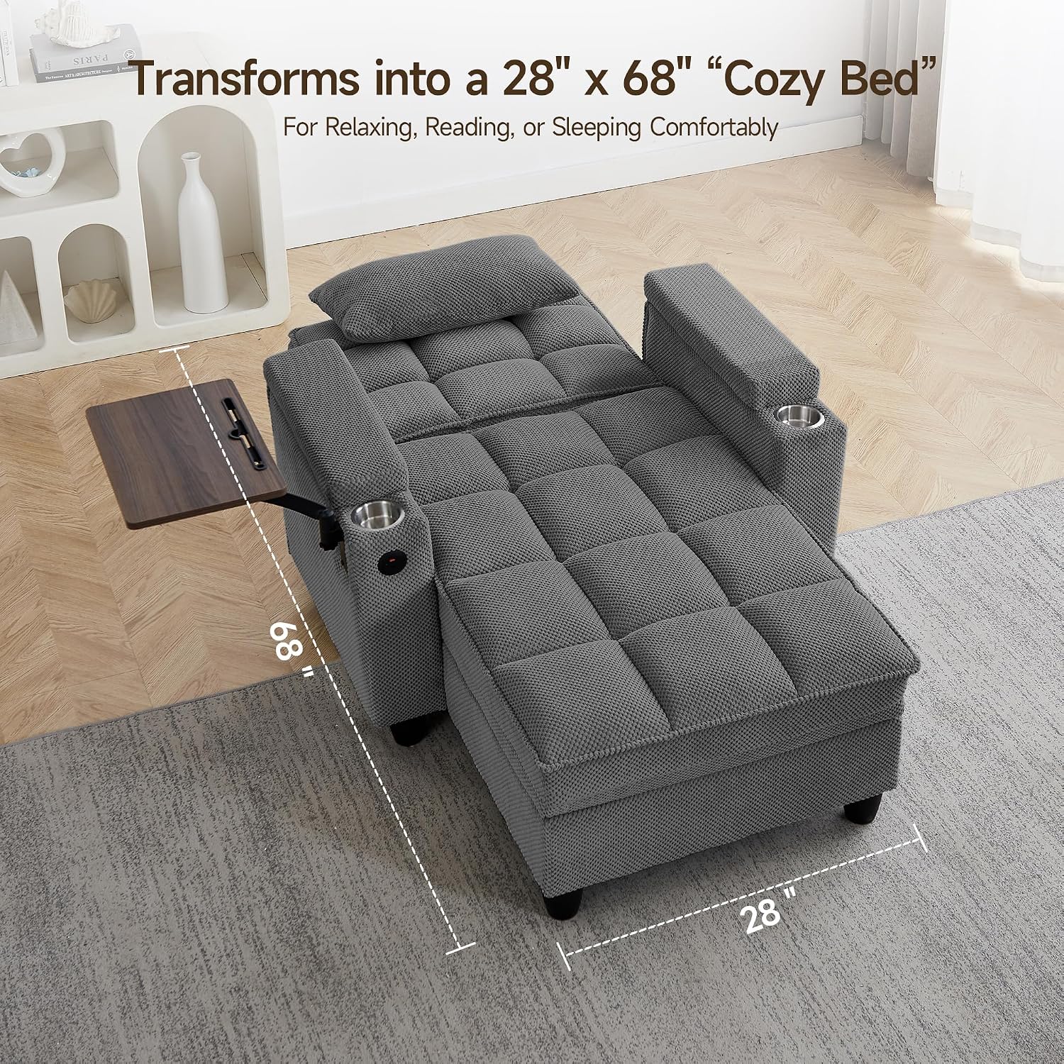 41.7' Oversized Chaise Lounge Chair Indoor, Boucle Upholstered Sofa Bed with Adjustable Backrest, Deep Seat Reading Chair, Sofas Couches for Living Room, Storage, Cup Holders & 360° Swivel Side Table