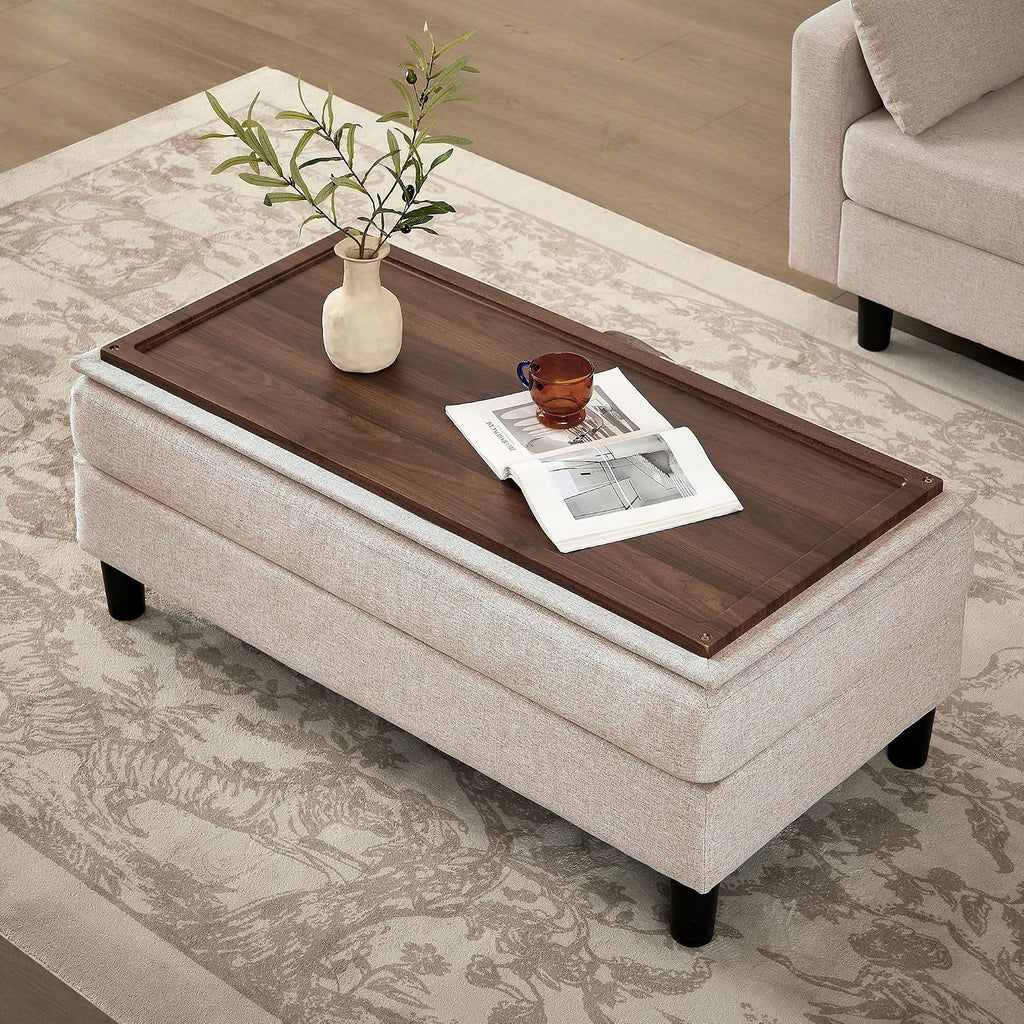 101' Convertible Sectional Sofa with Ottoman Coffee Table, Modern Linen Fabric U-Shaped Couch with Storage Pocket, 4 Seat Sofa Couches for Living Room, Apartment, Office, Beige