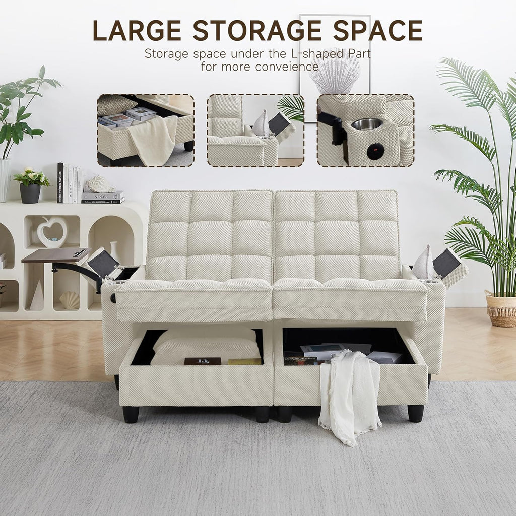 70.9' Chaise Lounge Chair Indoor, Oversized Boucle Upholstered Sofa Bed, Adjustable Backrest Deep Seat Reading Chair, Sofas Couches for Living Room with Storage, Cup Holders and 360° Swivel Side Table