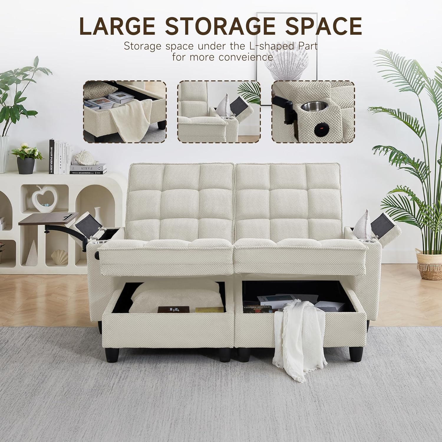 70.9' Chaise Lounge Chair Indoor, Oversized Boucle Upholstered Sofa Bed, Adjustable Backrest Deep Seat Reading Chair, Sofas Couches for Living Room with Storage, Cup Holders and 360° Swivel Side Table