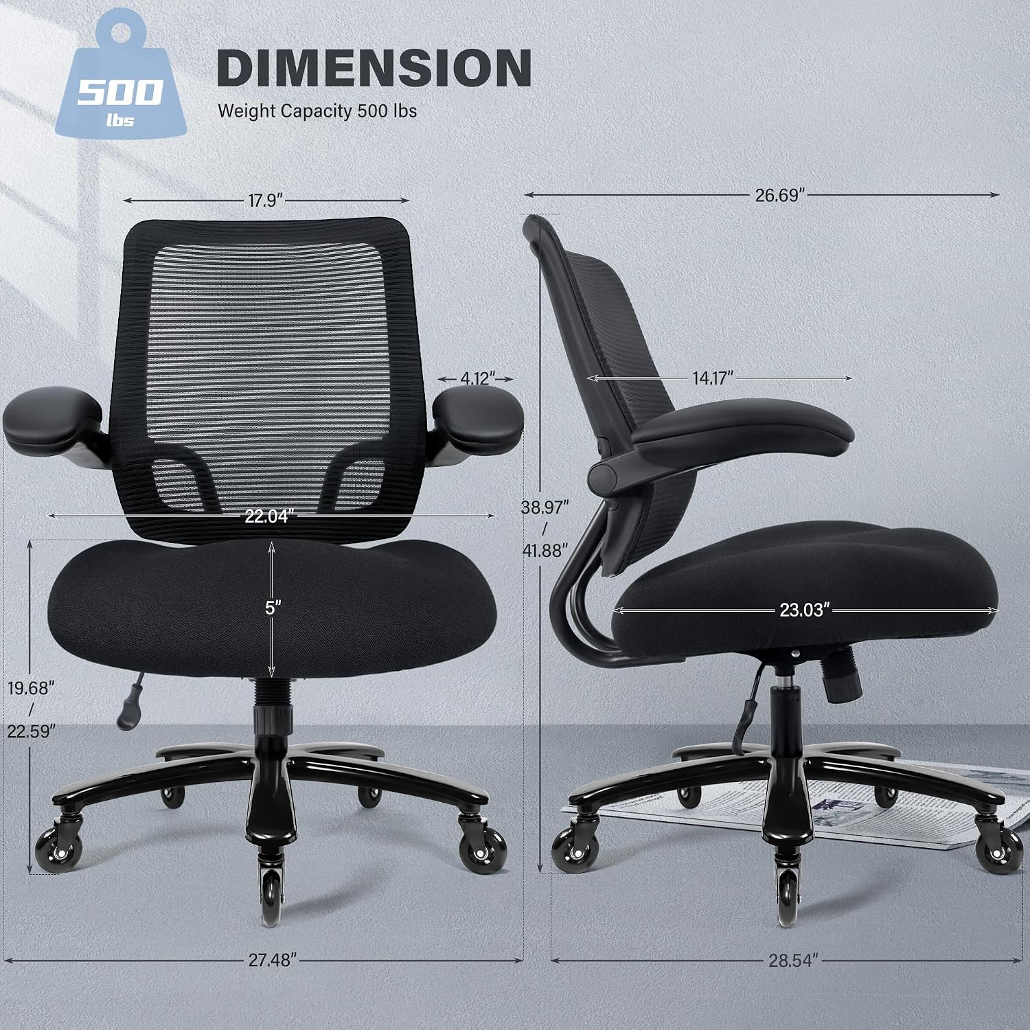 Kassipo 500LBS Big and Tall Office Chair with Flip-Up Armrests, Heavy Duty Office Chair for Heavy People, Memory Foam Seat Filling Springs, Black