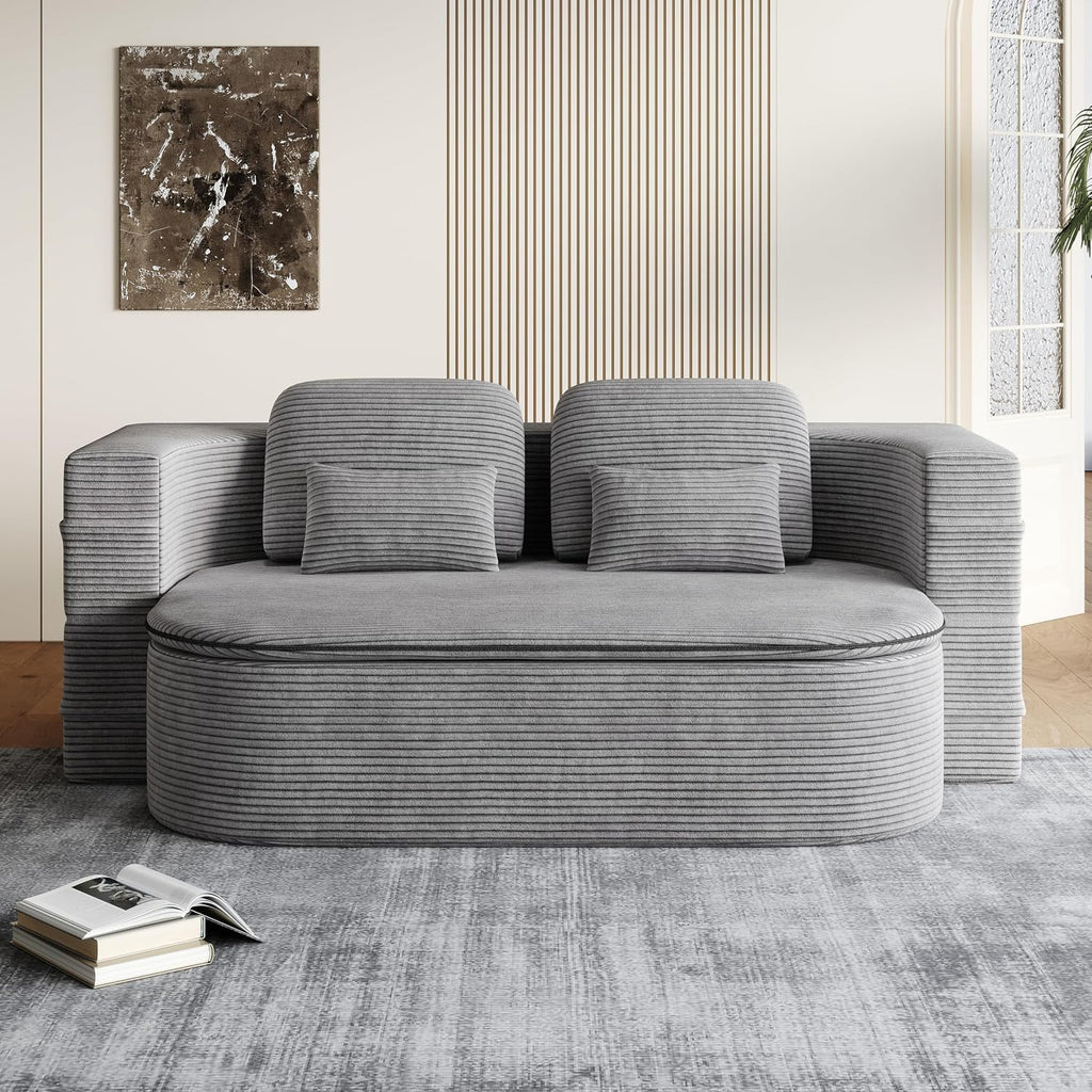 Convertible Folding Futon Sofa Bed, 2-in-1 Corduroy Love seat Sleeper Sofa with Functional Blanket, Foldable Full Size Guest Couch Bed with 4 Soft Pillows for Living Room (Grey)