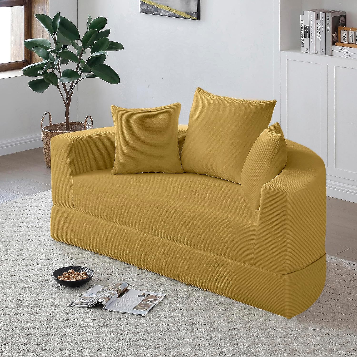 KEIKI 67' Corduroy Convertible Circular Floor Sofa Bed,Multi-Functional Adjustable Futon Couch for Living Room Office,No Assembly