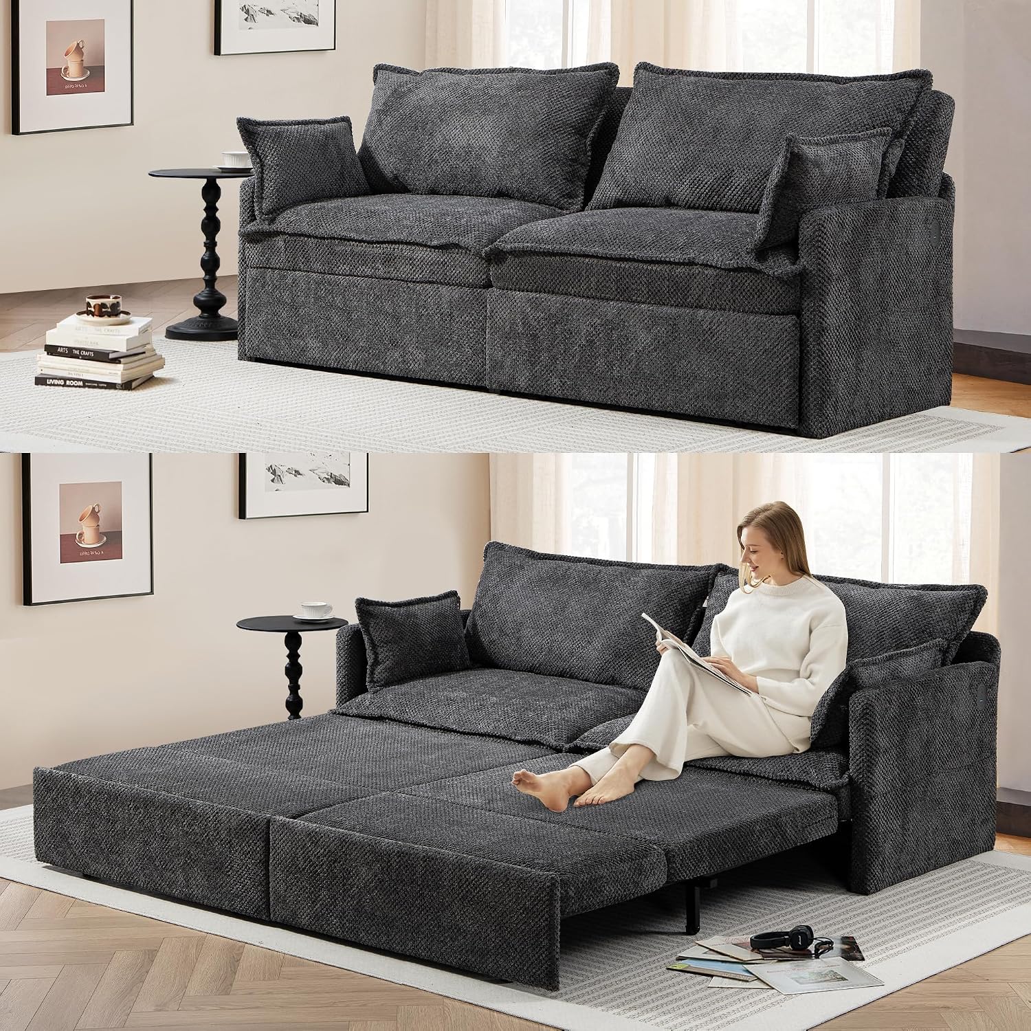 SUNWAVE 74' King Pull Out Sofa Bed -Convertible Sleeper Sofa Bed, Corduroy Pull Out Couch with USB Charging,Side Pockets for Living Room,Bedroom,Small Spaces(Charcoal, 74') | Stay Charging w/ USB, Loveseat by day, Sleeper by night, Space Saving