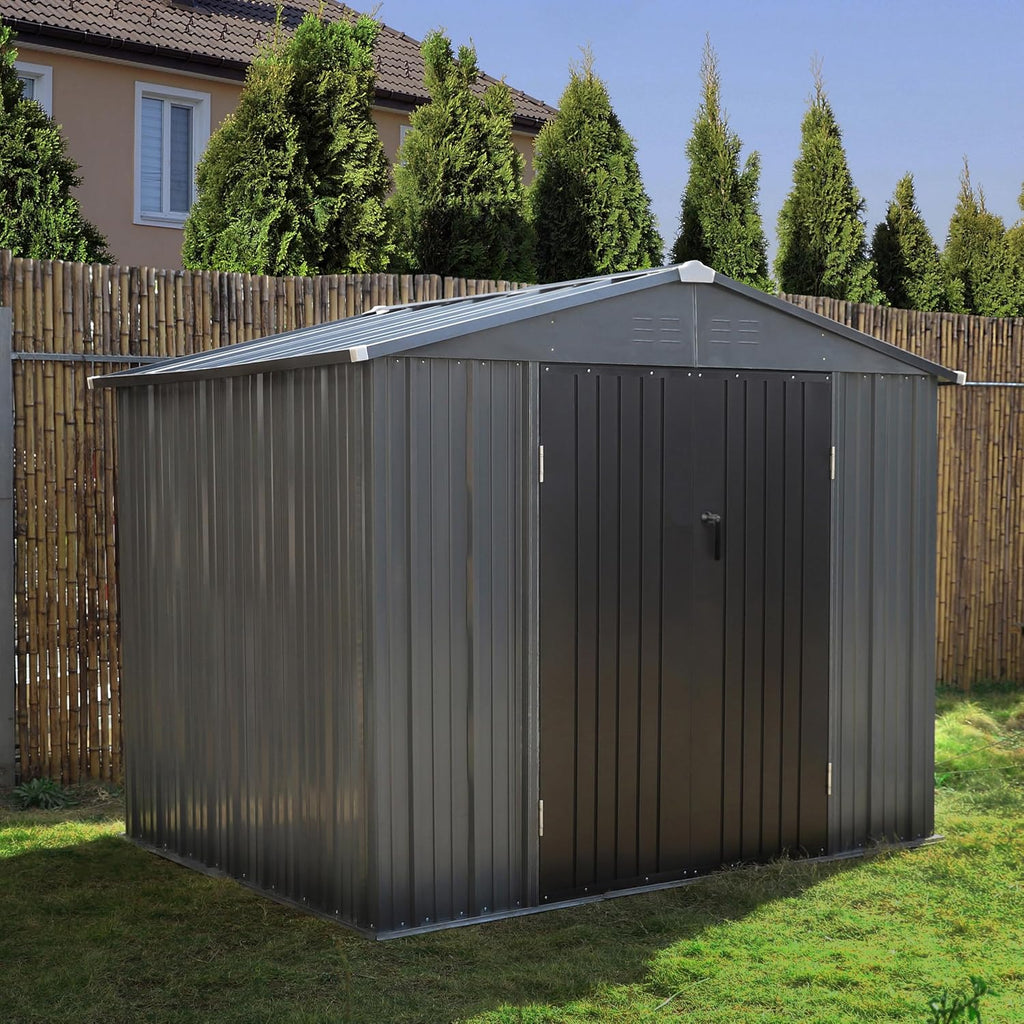 Yardenaler 8x10 FT Metal Storage Shed for Outdoors, Garden Tool Shed Kit with Doors & Lock, Waterproof Patio Utility Tool Shed for Garden and Backyard, Gray