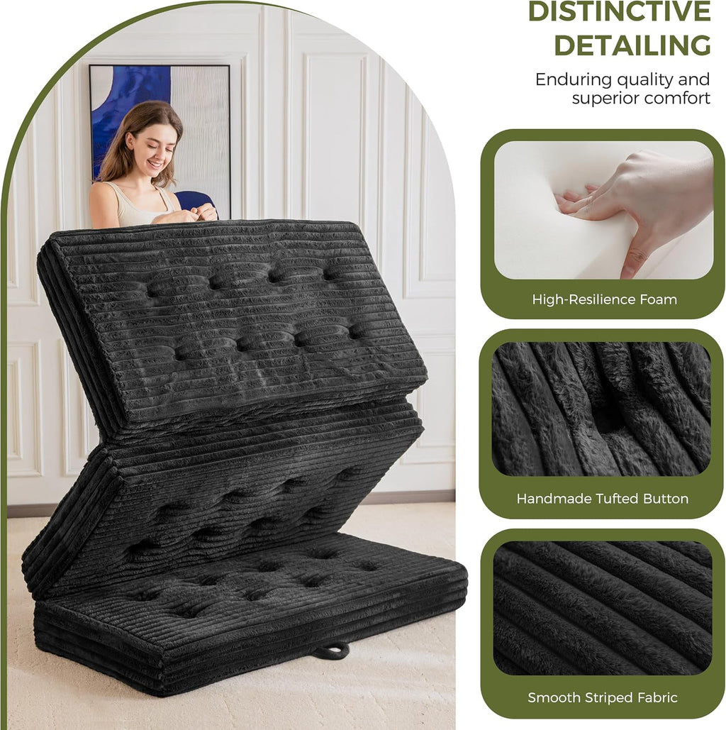 MAXYOYO Folding Sofa Couch Bed, 6 Inch Tri-Fold Floor Sofa Bed, Folding Mattress with Handles, Soft Faux Fur Folding Bed with Supportive Foam Filling, Portable Couch for Living Room, Queen, Black
