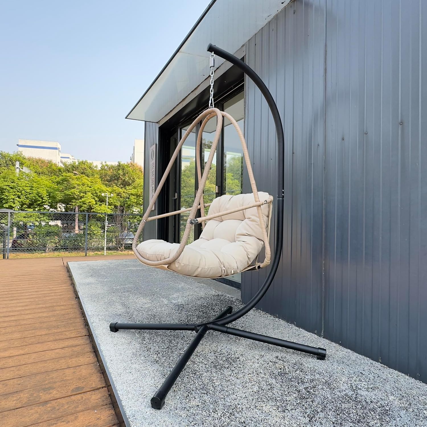 JESE Swing Egg Chair with Stand Foldable Frame Hanging Chairs for Indoor Outside,with UV Resistant Waterproof Cushion and Cup Holder,Swing Hammock Chairs for Patio,Bedroom,Balcony, Garden-350lbs Khaki