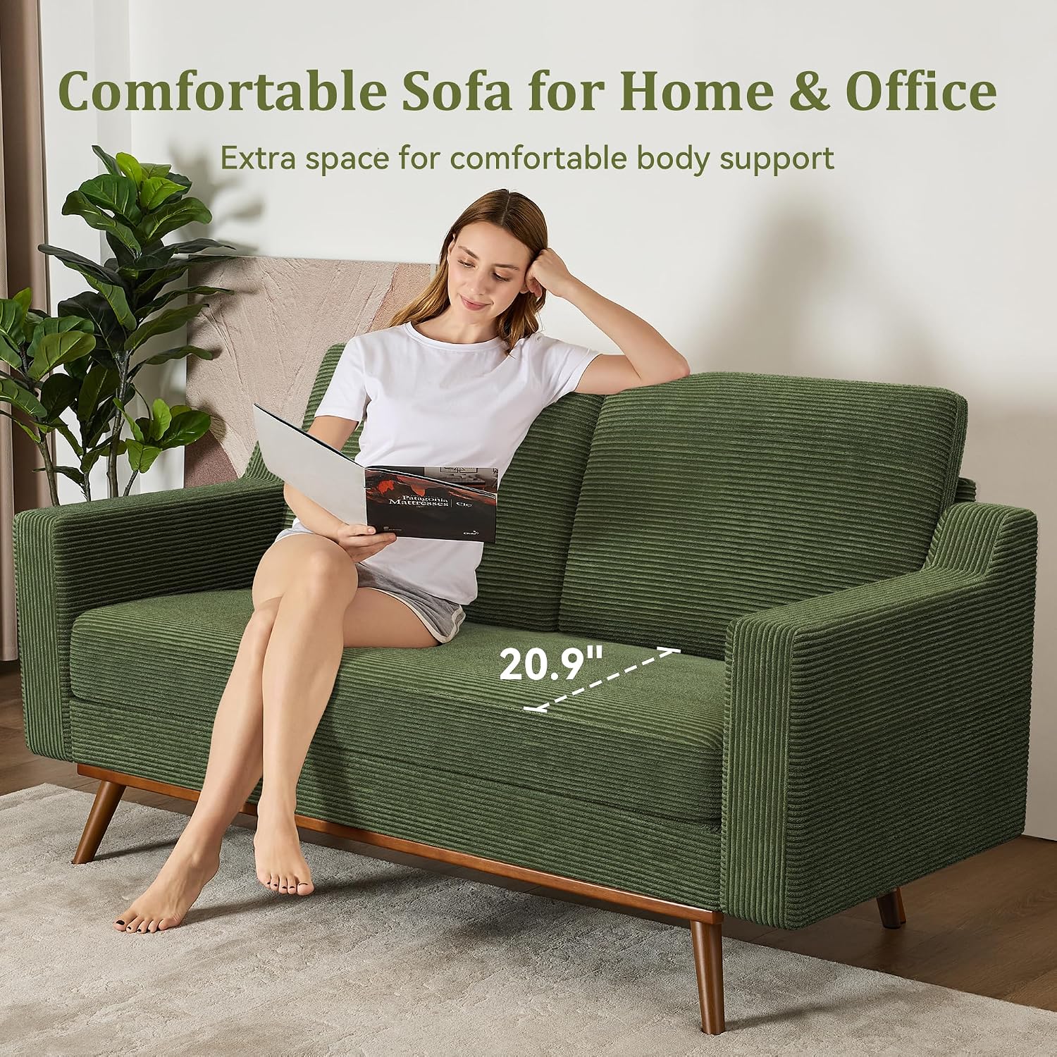65.4' Loveseat Sofa,Comfy Green Corduroy Love Seat Couches for Living Room,Mid Century Modern Small Couch for Bedroom Office with Spring Cushion,Solid Wood Frame,Tool-Free Assembly