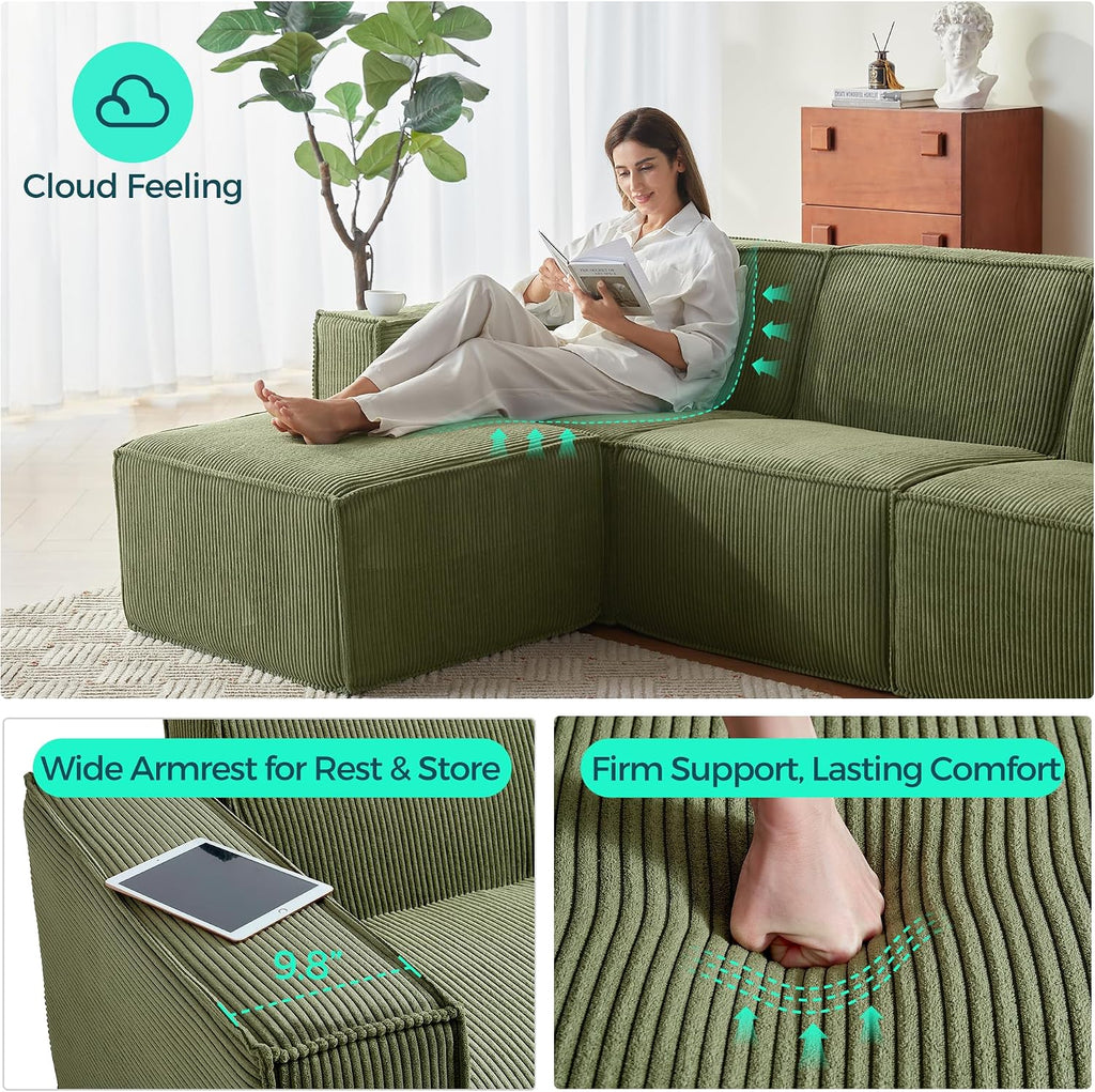 LINSY HOME Modular Sectional Sofa, 105' Boneless 3-Seat Loveseat Sofa Couch, Comfy Corduroy Sectional Cloud Couches for Living Room, No Assembly Required, Green