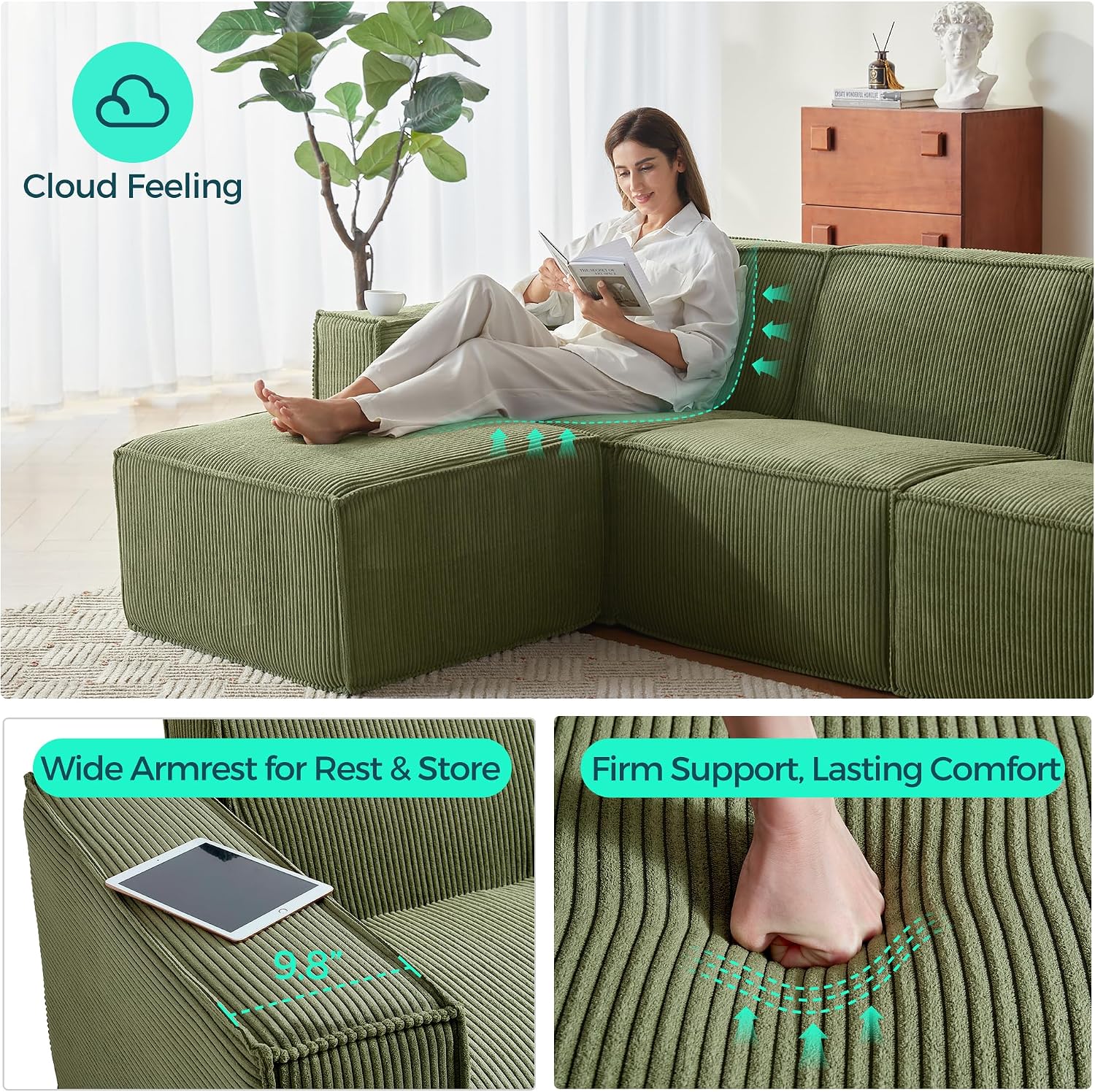 LINSY HOME Modular Sectional Sofa, 105' Boneless 3-Seat Loveseat Sofa Couch, Comfy Corduroy Sectional Cloud Couches for Living Room, No Assembly Required, Green